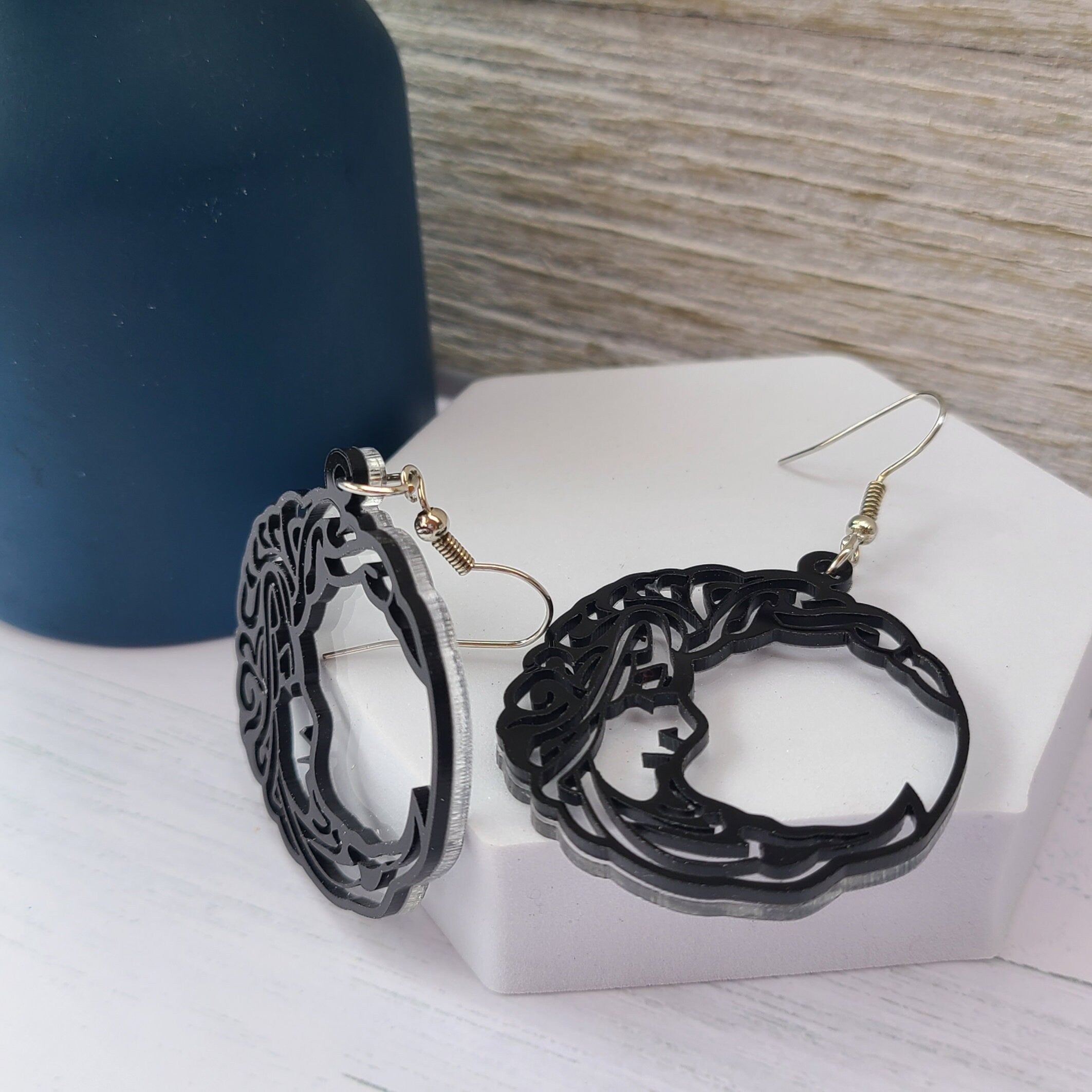 Steampunk Celestial Crescent Moon Lady Face Silhouette Dangle Earrings