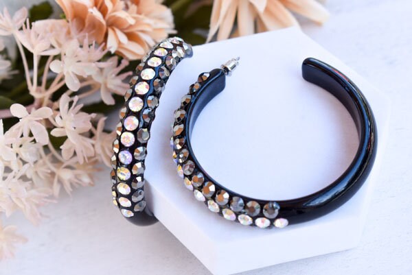 Black 3 Row Bling Statement Acrylic Lucite Hematite Gray/AB Rhinestones 2.5" Women's Hoop Earrings Pageant Weddings Night Out