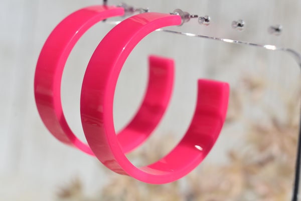80's Retro Bright Neon Pink Chandler Hoop Earrings Women Girls Costume Statement Festival Party Girls Night