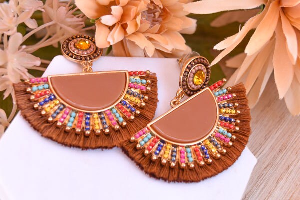 Statement Boho Brown Fan Shape Beaded Tassel Dangle Earrings Women Gifts Vacation