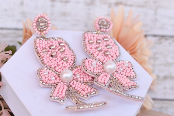 Bachelorette Bridal Shower Statement Pink Seed Bead Bow Accent Champagne Flute Glass Dangle Drop Earrings Women Weddings Bride