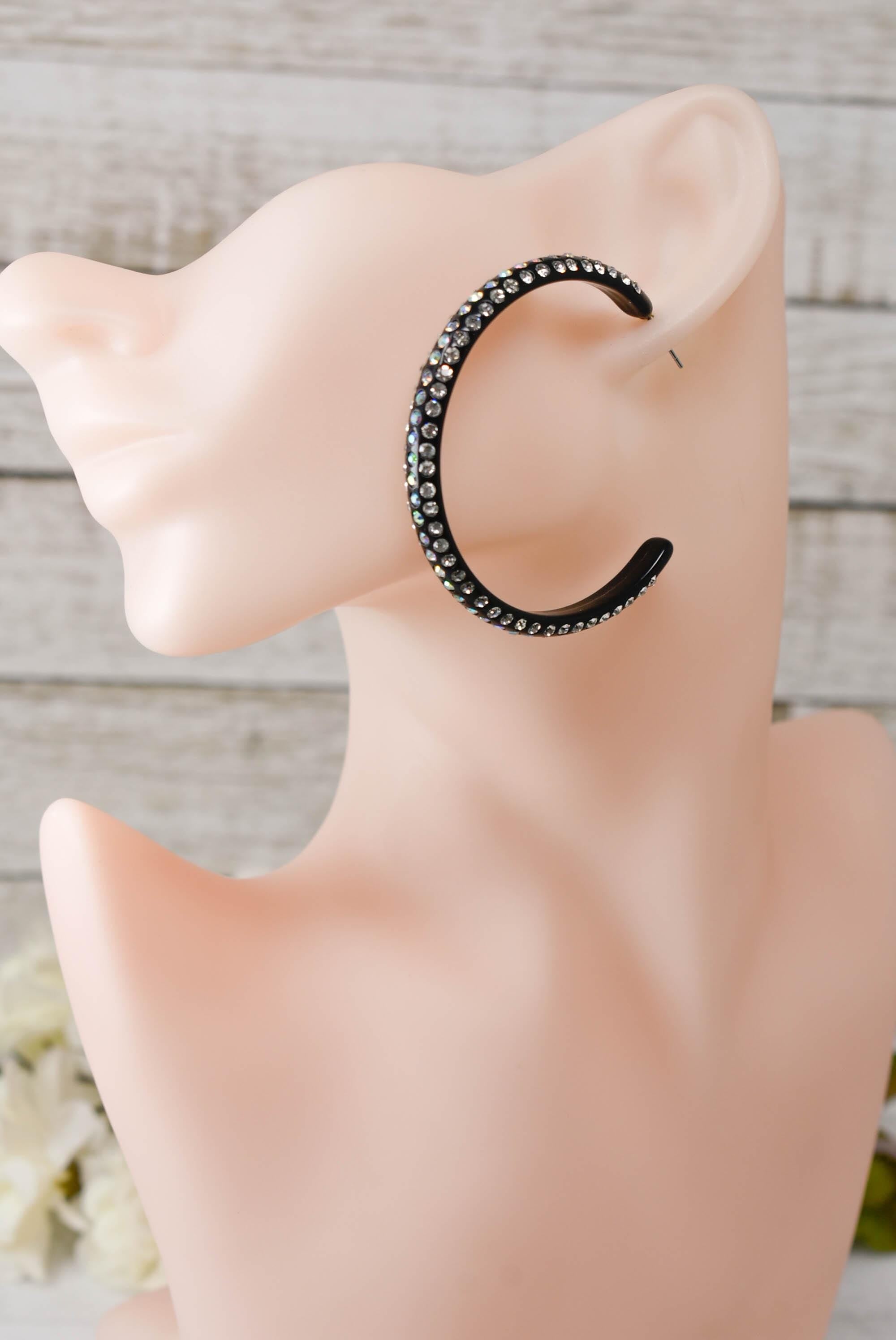 Black 3 Row Bling Statement Acrylic Lucite AB Iridescent Rhinestones 2.25" Women's Hoop Earrings Pageant Weddings Night Out Diva Pageant