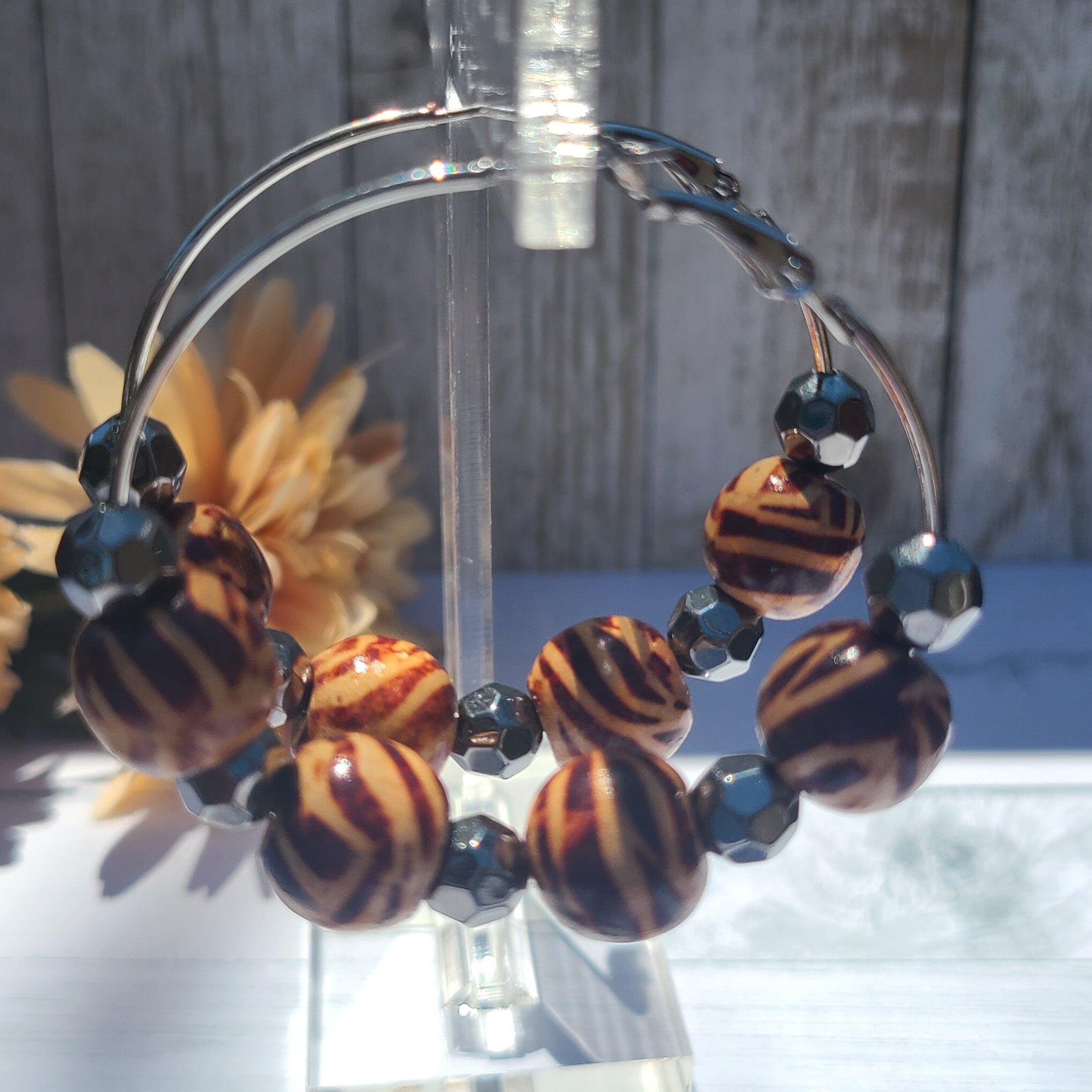 Statement Zebra Safari Animal Print Wooden Bead Hoop Earrings Women Vacation Themed Party