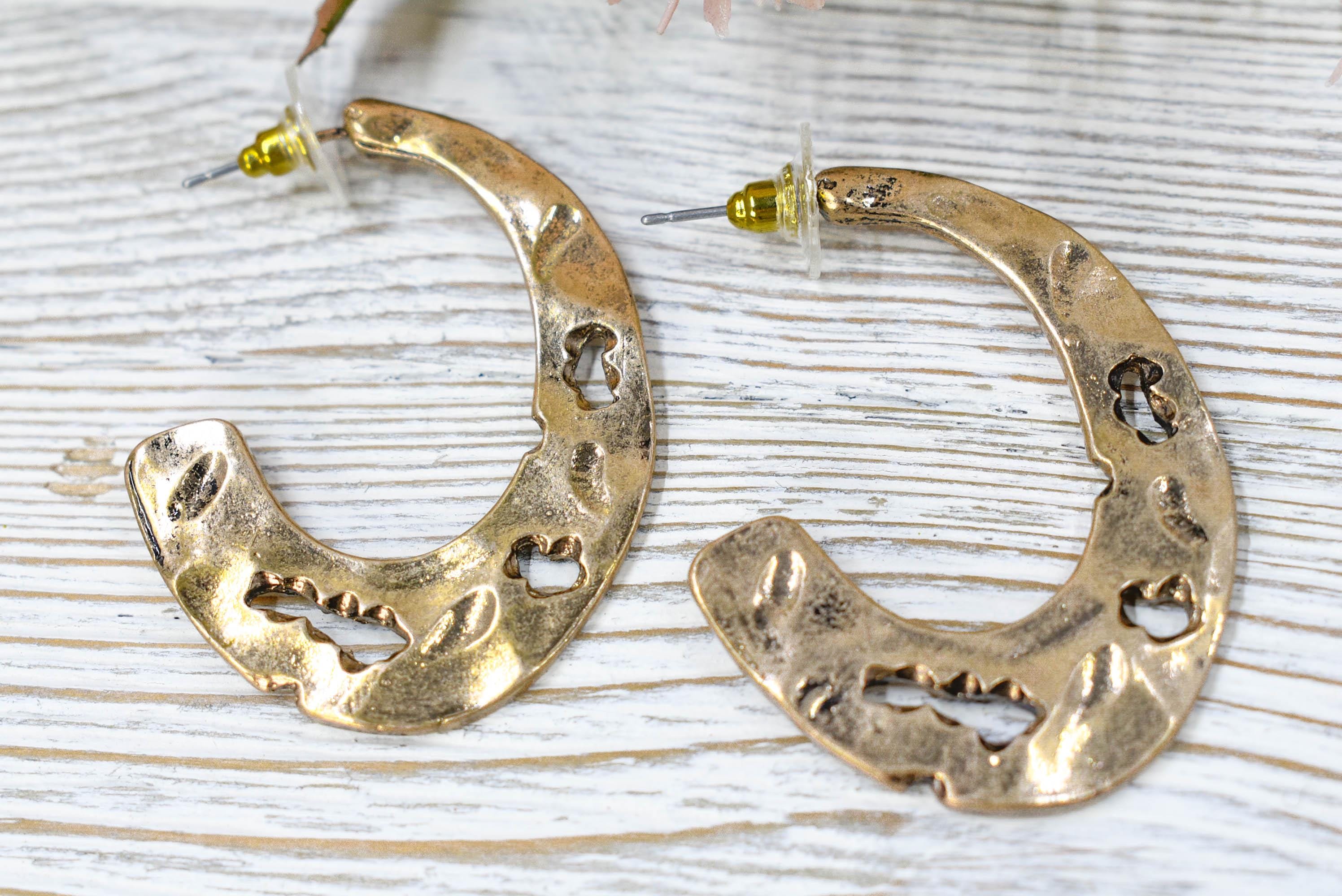 Boho Aged Look Hammered Oblong Gold Tone Hoop Earrings