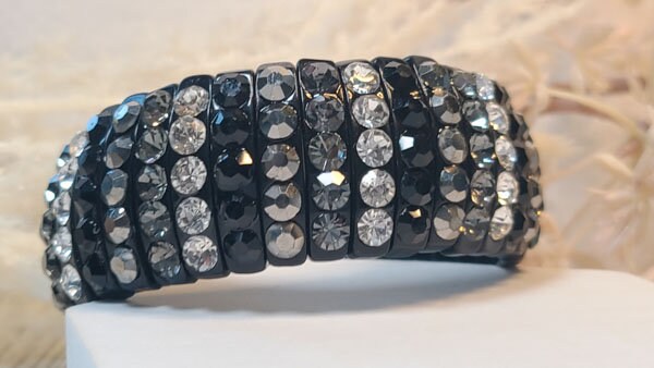 Black Stretch Segmented Bracelet with Smoke Gray, Hematite, Black and Clear Rhinestones Women's Fashion Statement Jewelry Pageant Night Out