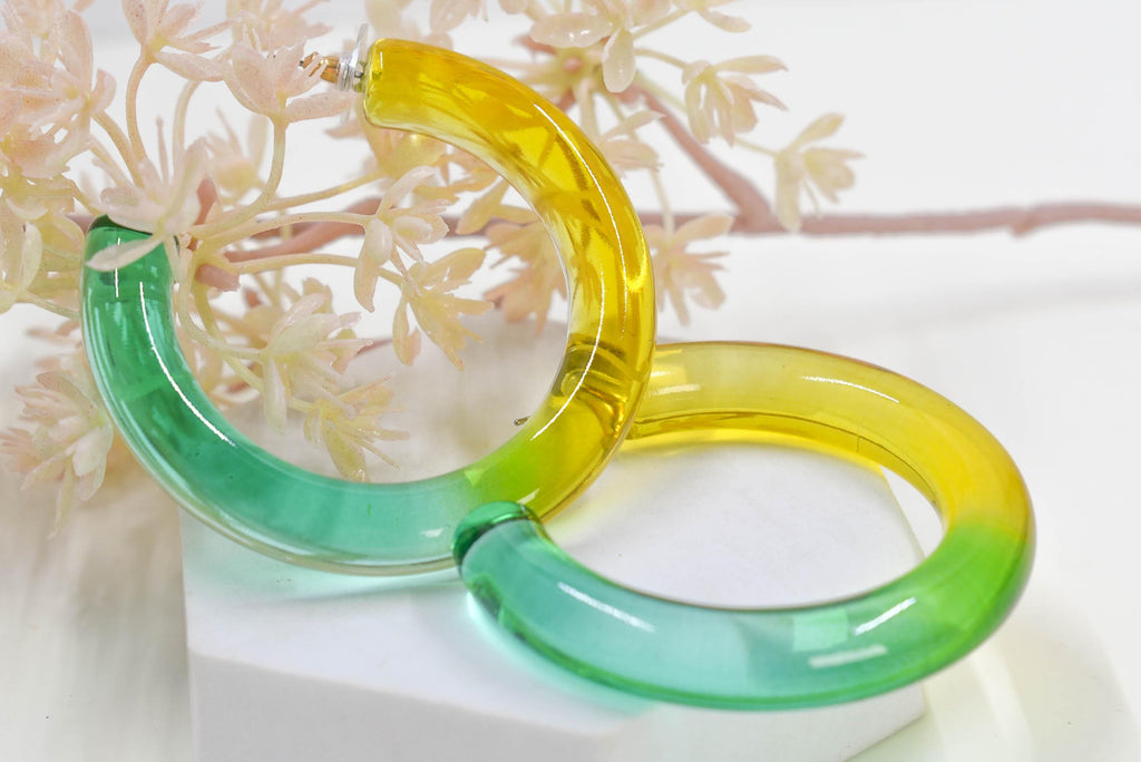 Translucent Gradient Yellow Green Retro Boho Statement Chunky Lucite Ombre Hoop Earrings Fun Earrings Costume Accessories Womens Hoops