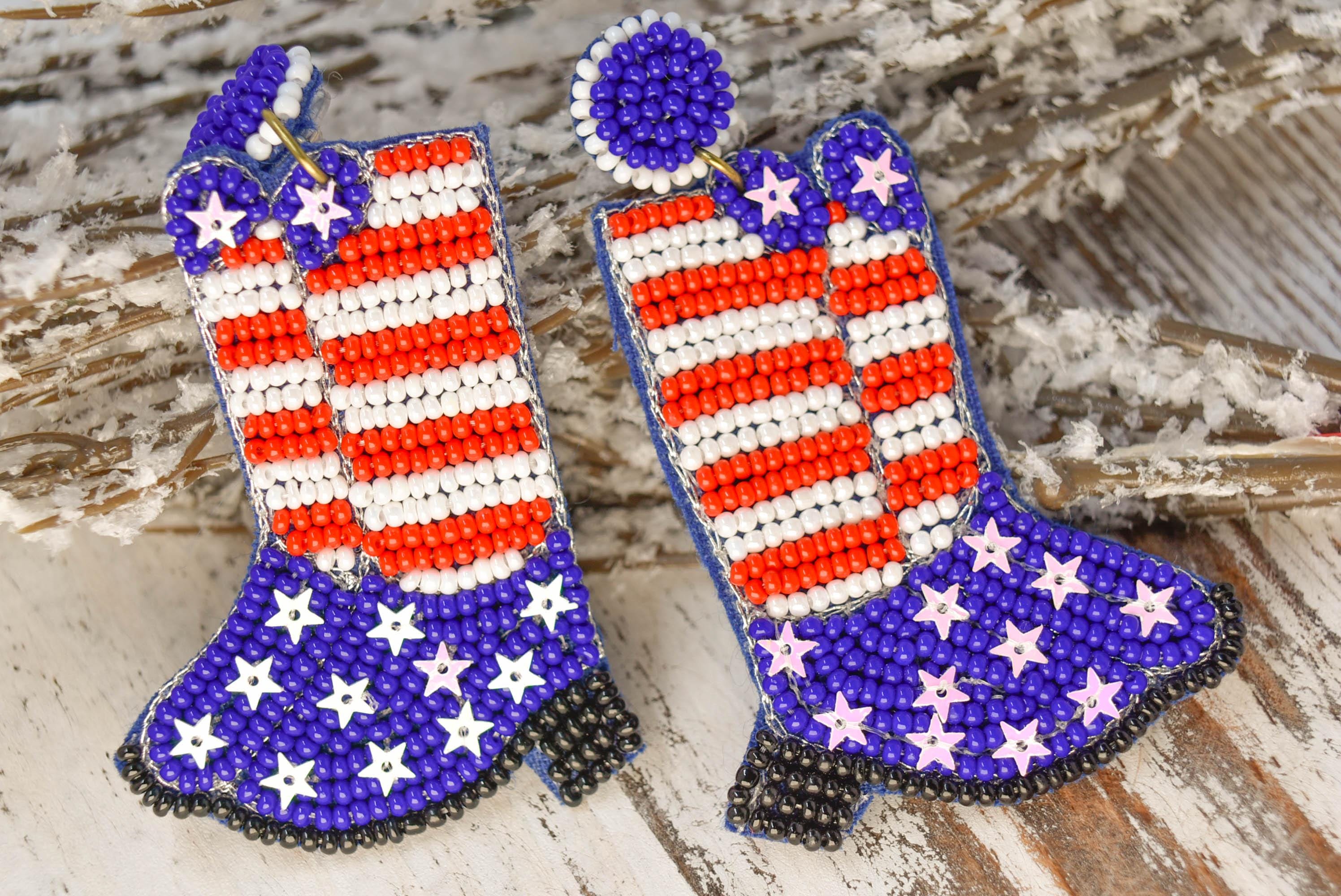 Statement Diva American Flag Patriotic Boots Red White & Blue 2.75" Drop Dangle Seed Bead Earrings
