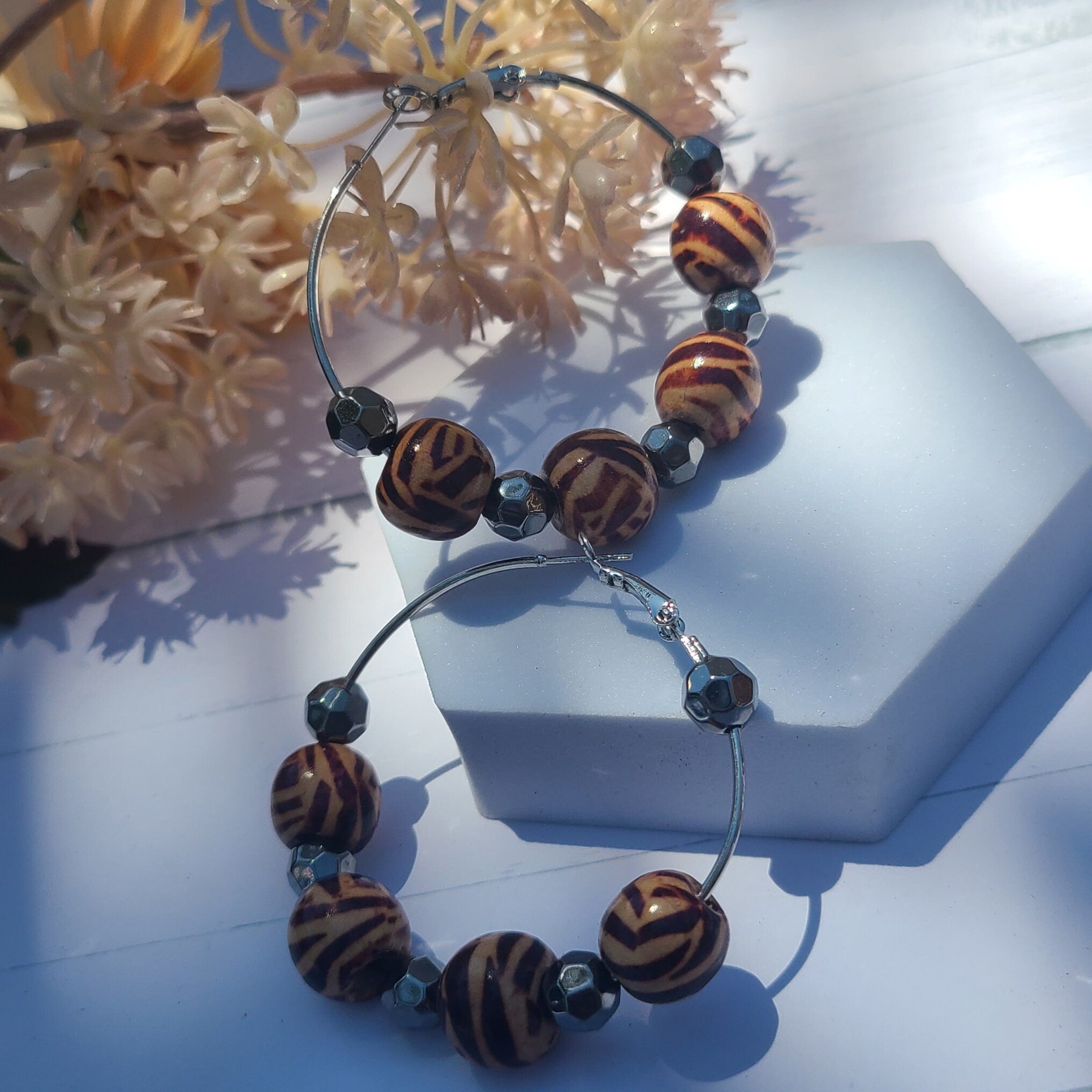 Statement Zebra Safari Animal Print Wooden Bead Hoop Earrings Women Vacation Themed Party