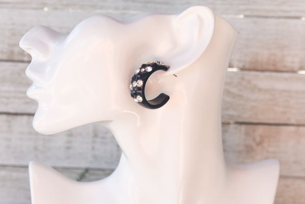 Black Bling Statement Semi Wide Lucite Black/Clear Diagonal Rhinestones 1" Women's Hoop Earrings Pageant Weddings Night Out Diva Pageant