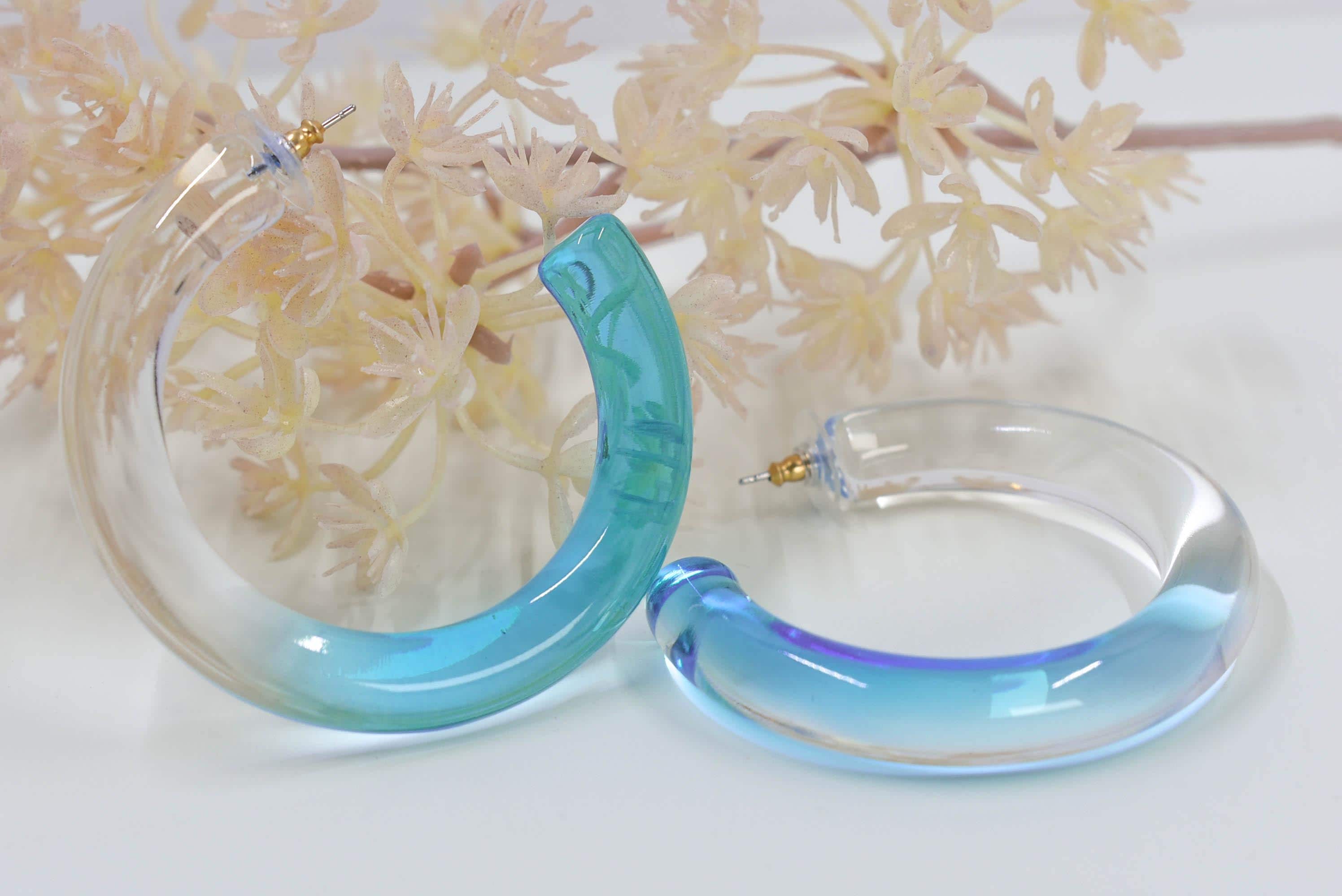 Translucent Gradient Clear & Light Blue Retro Boho Statement Chunky Lucite Ombre Hoop Earrings Fun Earrings Costume Accessories Womens Hoops