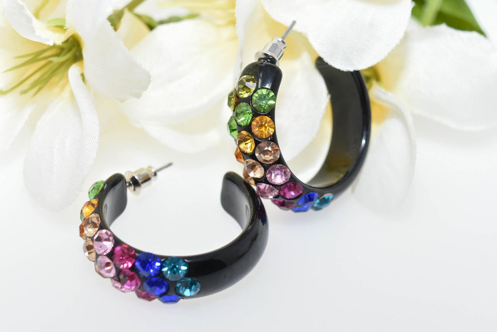 Black Diagonal Pattern Bling Lucite Vivid Multicolor Rhinestones 1.25" Hoop Earrings Pageant Weddings Night Out