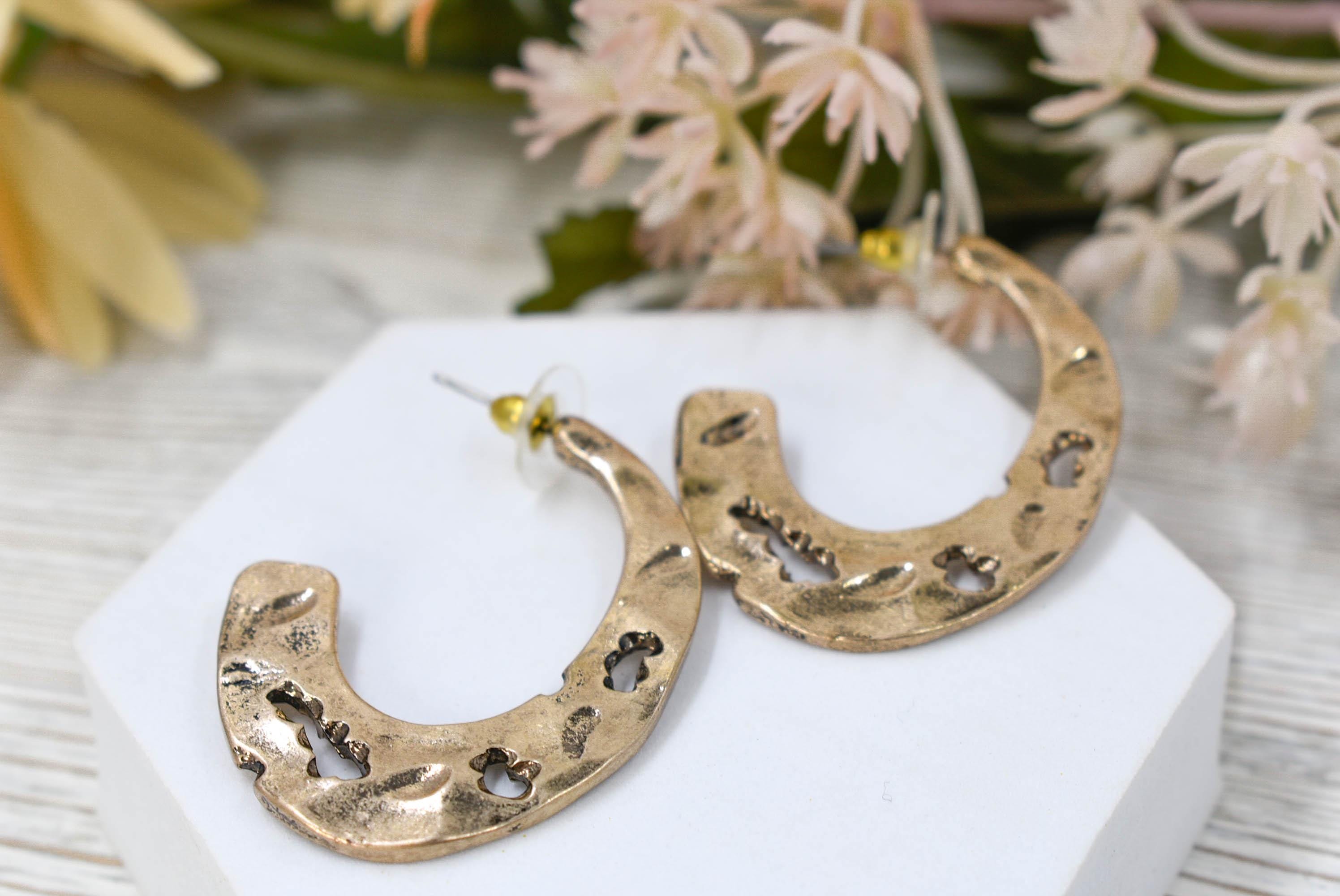 Boho Aged Look Hammered Oblong Gold Tone Hoop Earrings