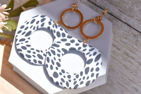 Boho Fashion Statement Handmade Polymer Clay "Blake Dalmatian" Dangle Drop Earrings Gifts Women Polka Dot