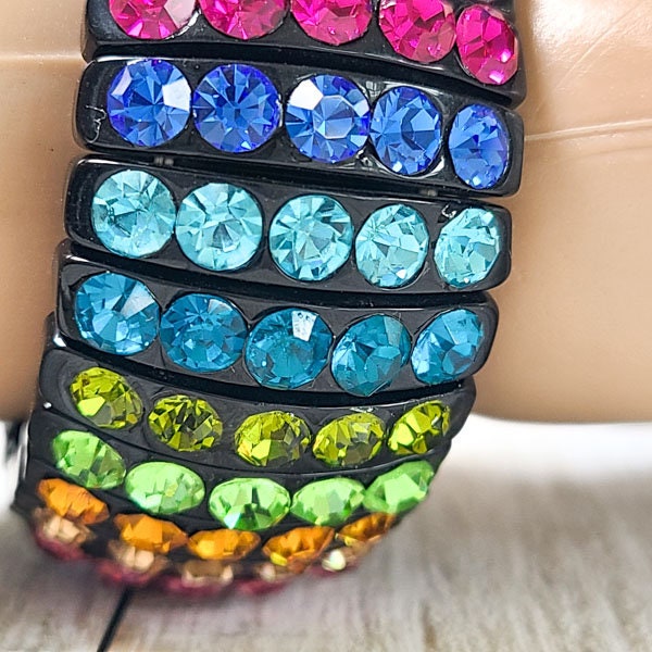 Black Stretch Segmented Bracelet with Multicolor Rhinestones Women's Fashion Statement Jewelry Pageant Night Out