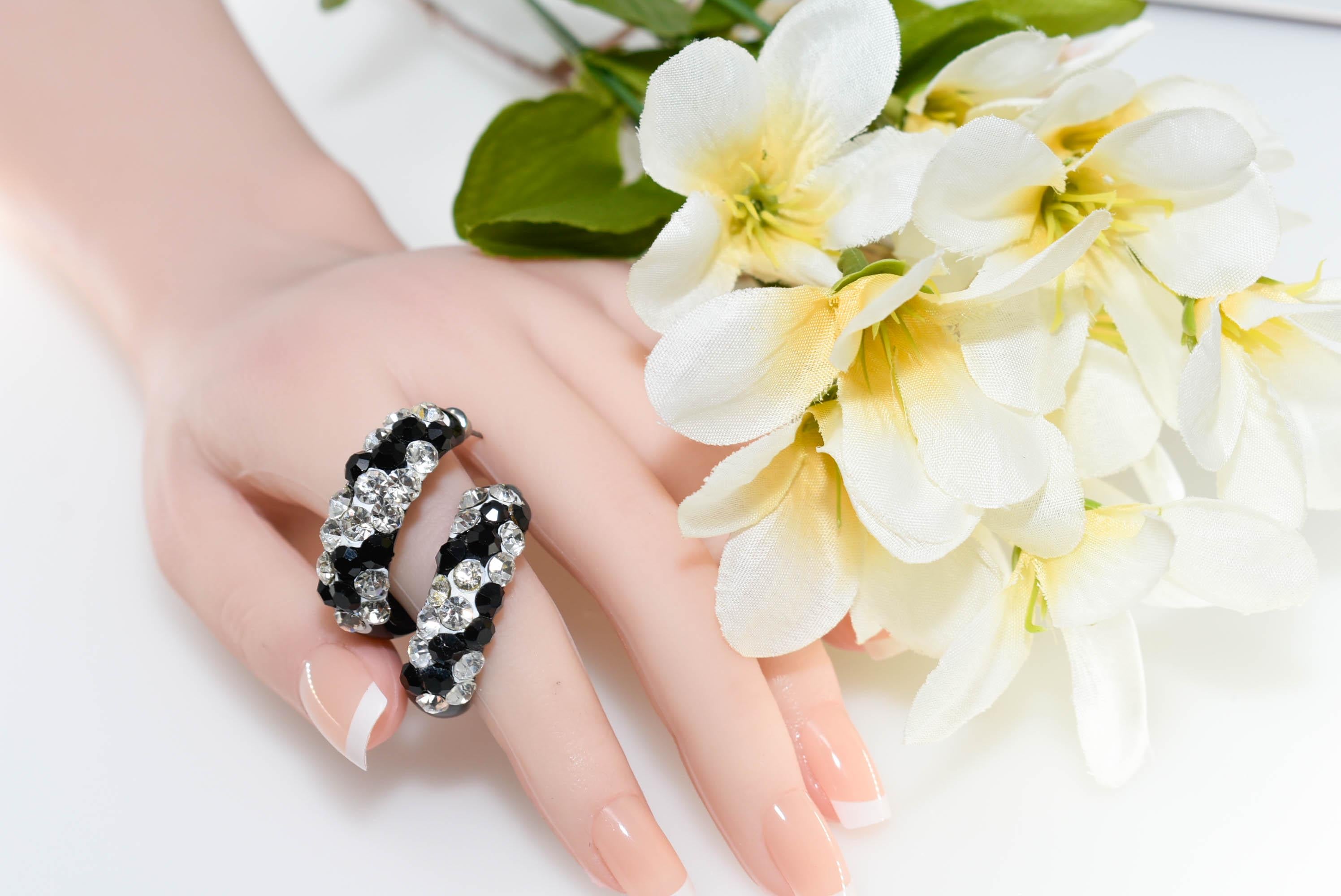 Black Bling Statement Acrylic Lucite Clear/Black Rhinestones 1.25" Women's Hoop Earrings with White Paint Accent Pageant Weddings Night Out