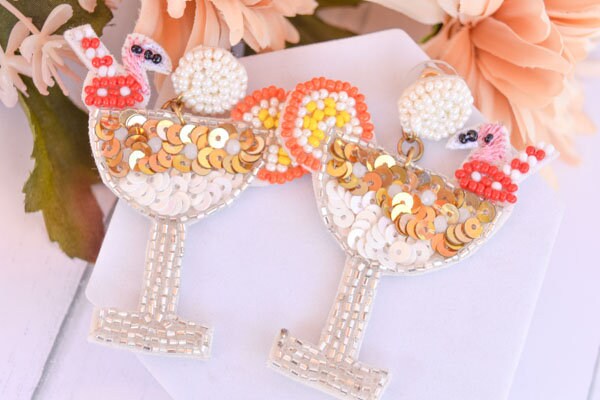Summer Statement Seed Bead Martini Cocktail Flamingo Topper Party Dangle Earrings Girls Night Out