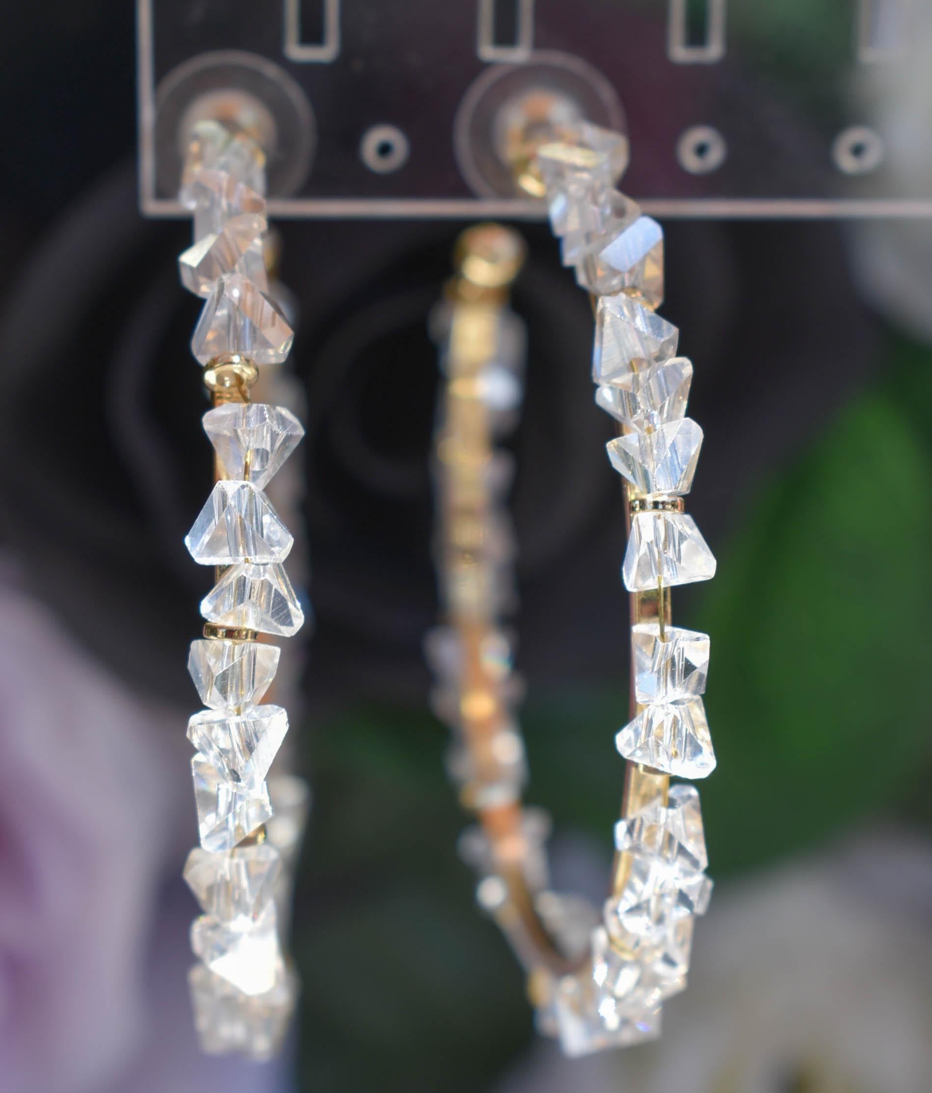 Statement Boho Clear Glass Pyramid Cut Beads 2.5" Gold Tone Hoop Earrings Stylish Jewelry Women's Fashion Diva Accessories