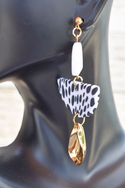 Boho Fashion Statement Handmade Polymer Clay "Aria Dalmatian" Dangle Drop Earrings Gifts Women Polka Dot
