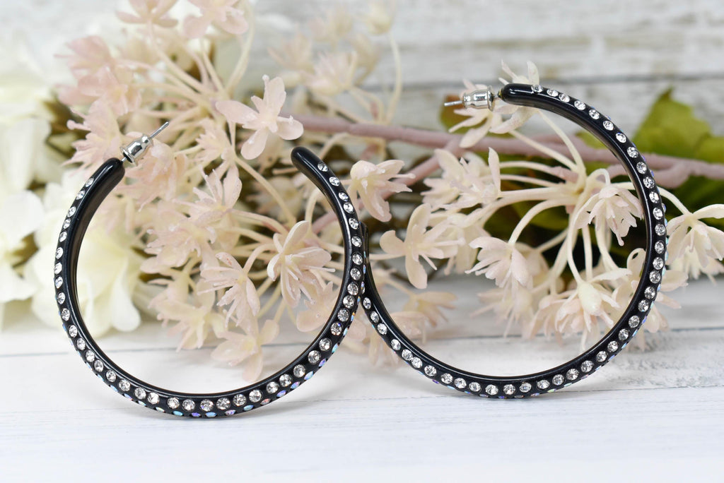 Black 3 Row Bling Statement Acrylic Lucite AB Iridescent Rhinestones 2.25" Women's Hoop Earrings Pageant Weddings Night Out Diva Pageant
