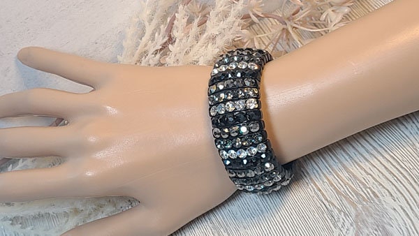 Black Stretch Segmented Bracelet with Smoke Gray, Hematite, Black and Clear Rhinestones Women's Fashion Statement Jewelry Pageant Night Out