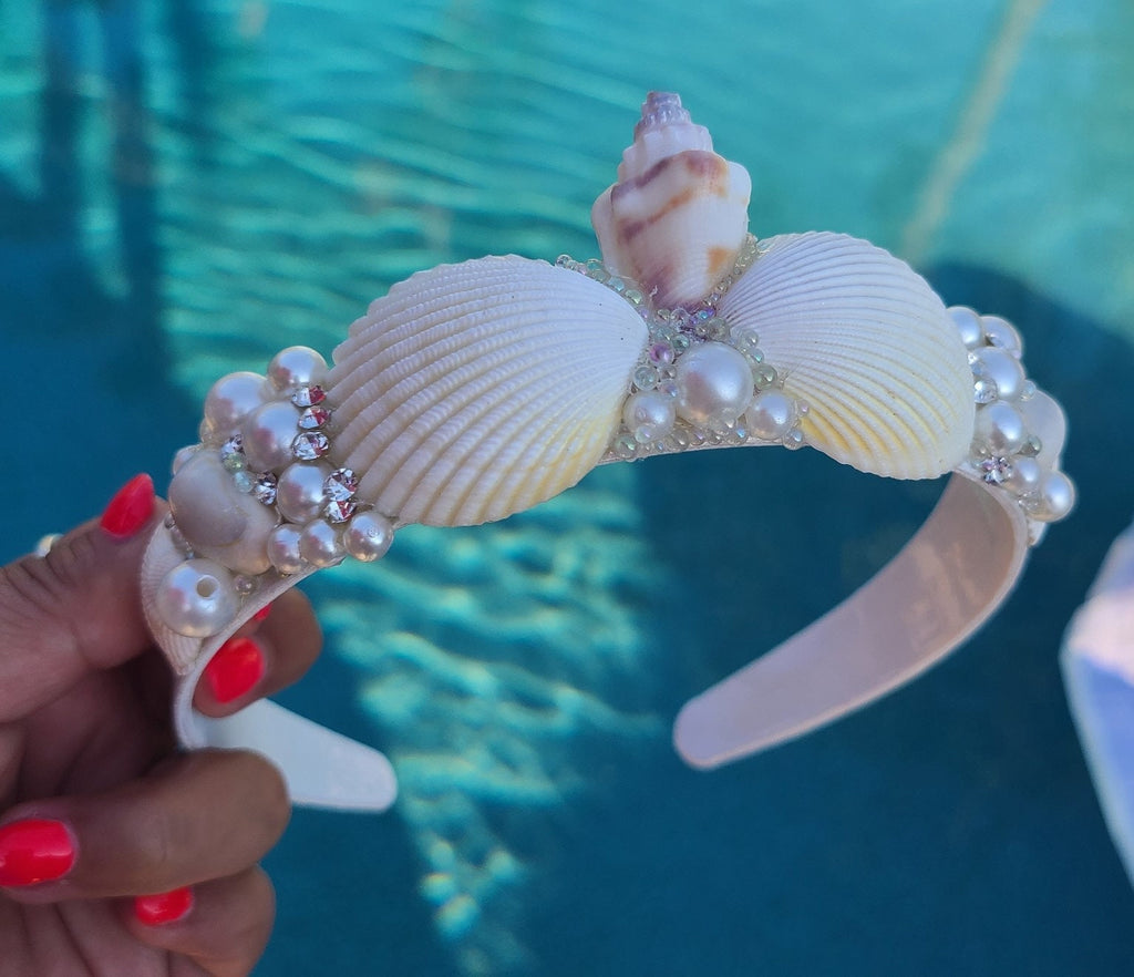 Handmade Seashell Bridal Headband: Pearl & Rhinestone Boho Wedding