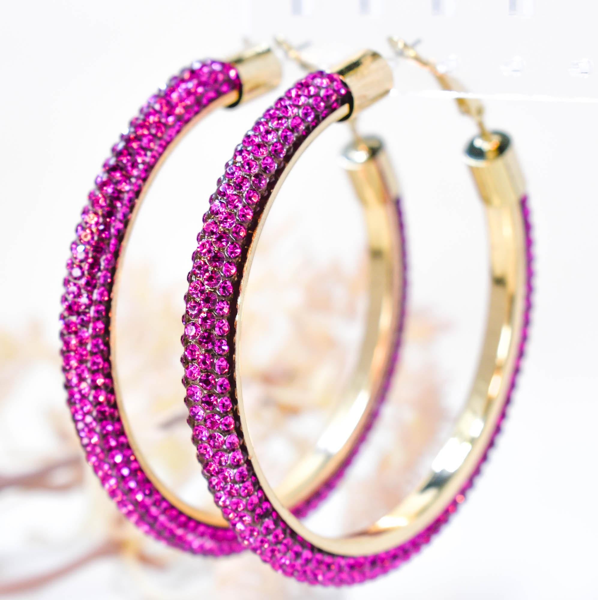 2.5" Large Fuschia Pink Bling Diva Pave Resin Set Rhinestone Hoop Earrings Women Party Night Out