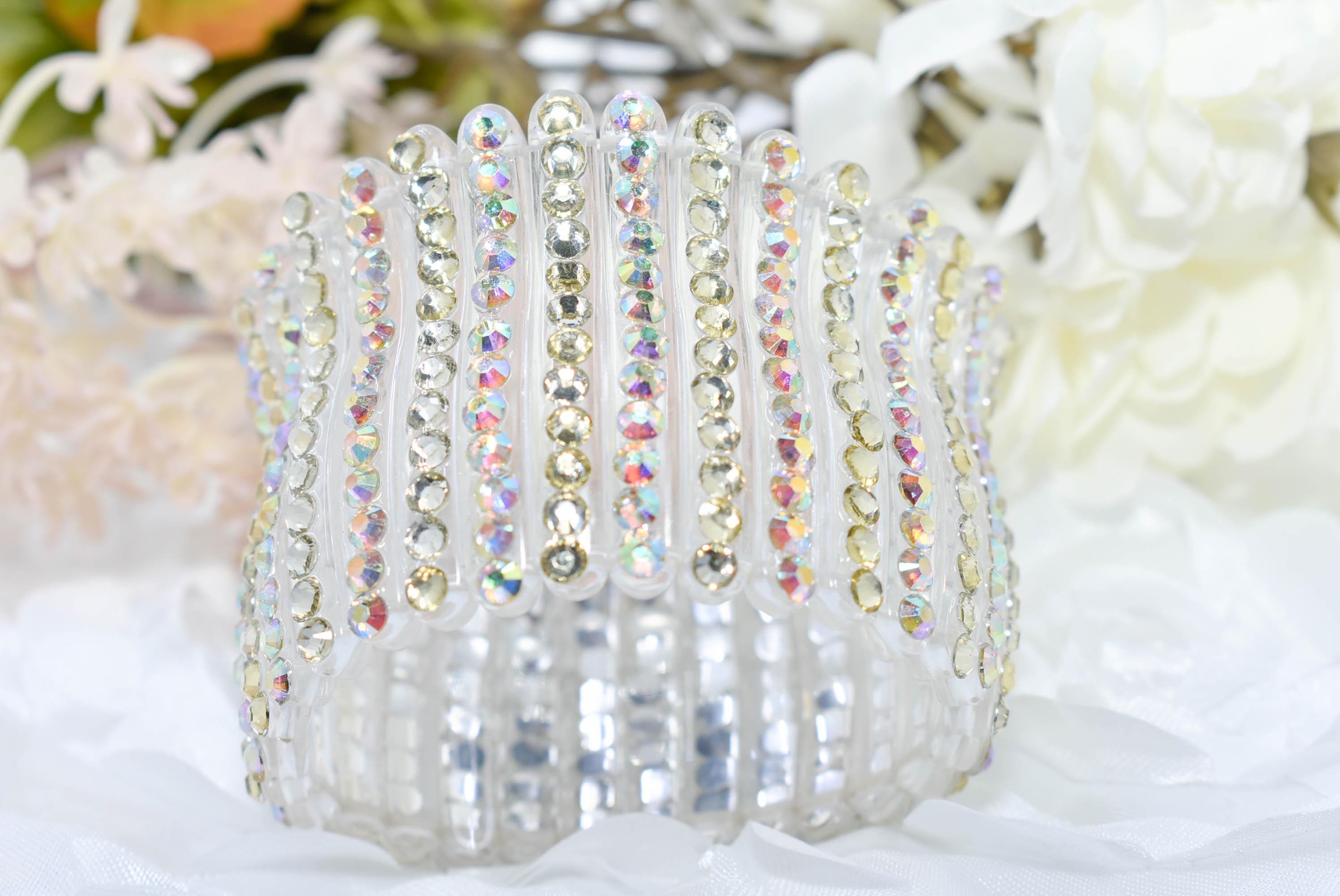 Clear Stretch Segmented Bracelet with AB and Clear Rhinestones Women's Fashion Statement Jewelry Pageant Night Out