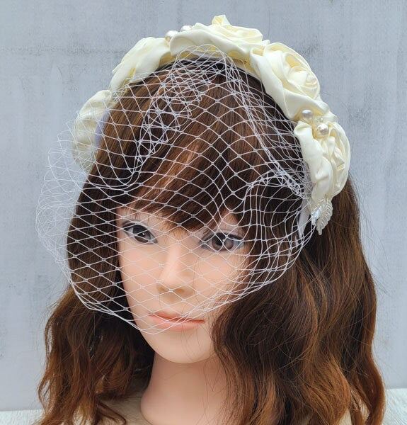 Ivory Satin Rose Bridal Headband: Wedding Veil Fascinator