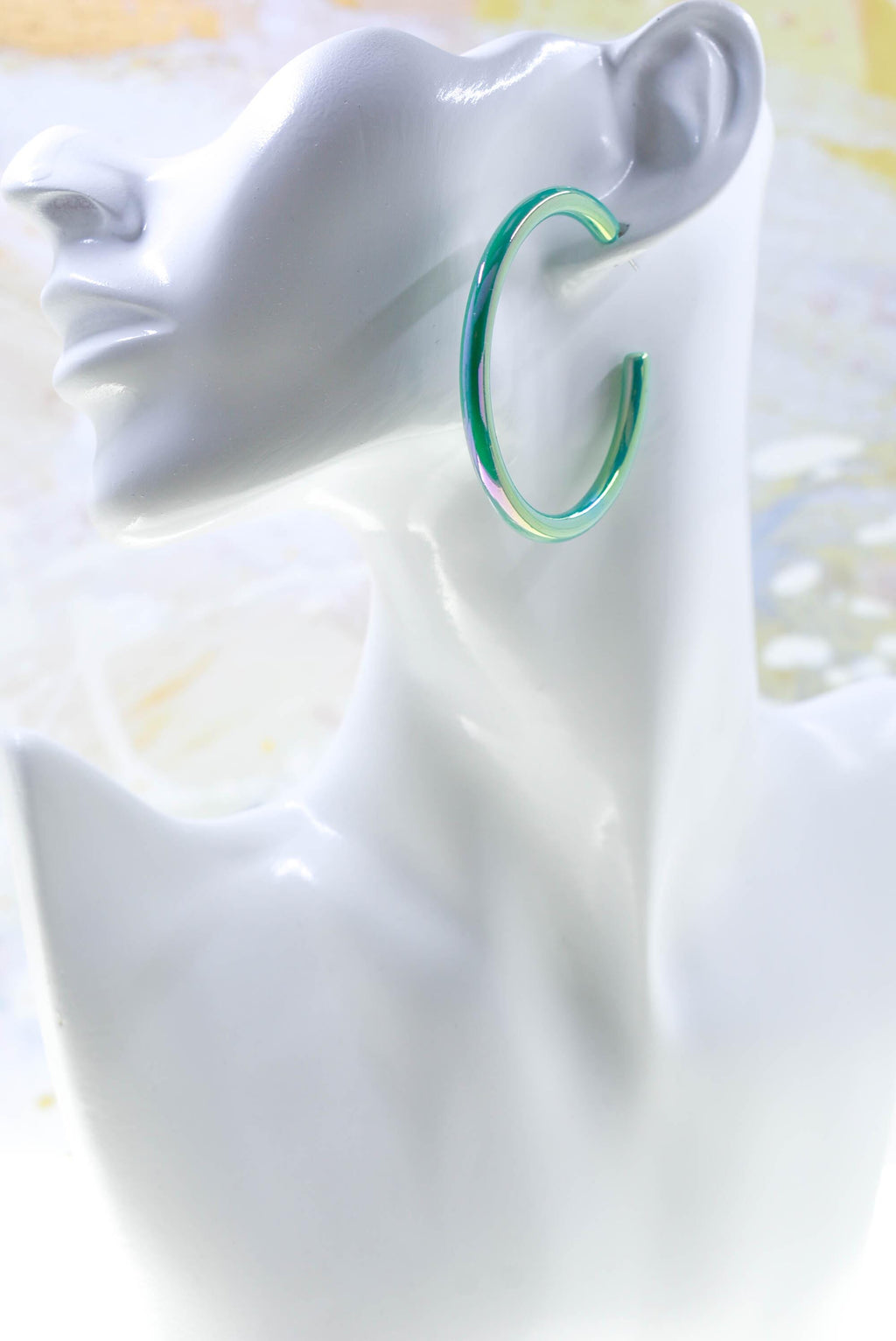 80s Iridescent Hoop Earrings: Mint Teal Groovy Statement Accessory