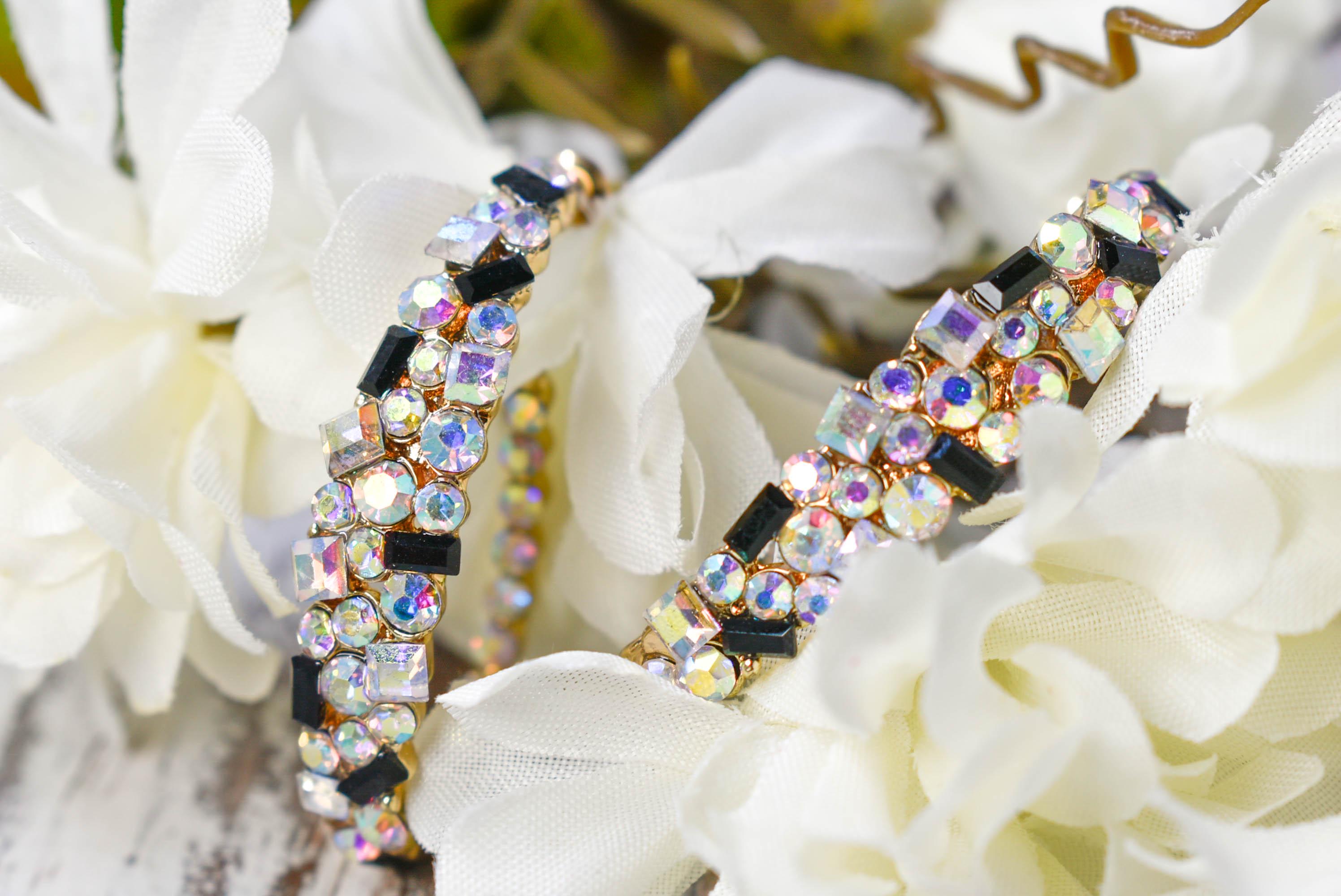 Bling Diva Semi Oblong Gold Tone AB Iridescent, Clear and Black Rhinestone Embellished Hoop Earrings Fashion Accessory Pageant Jewelry