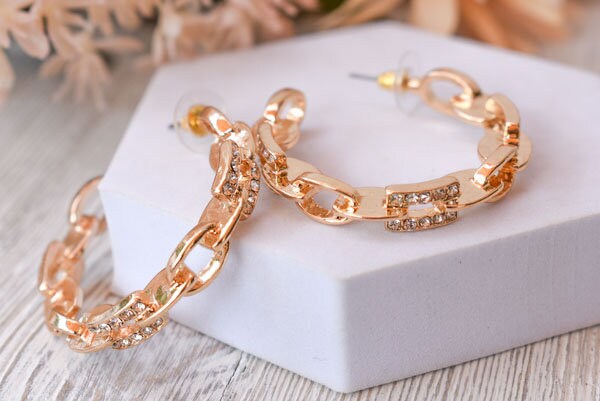 Statement Gold Tone Chain Link Rhinestone Hoops