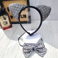 Halloween Costume Cosplay Sequin Style Silver/Black Cat Ears Headband and Matching Bow Tie Kids Adults Dress Up