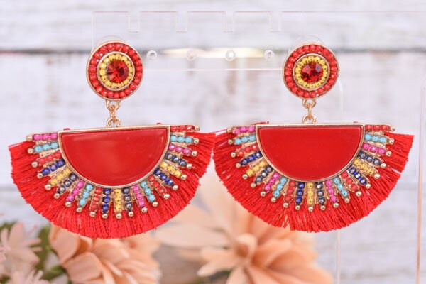 Statement Boho Red Fan Shape Beaded Tassel Dangle Earrings Women Gifts Vacation