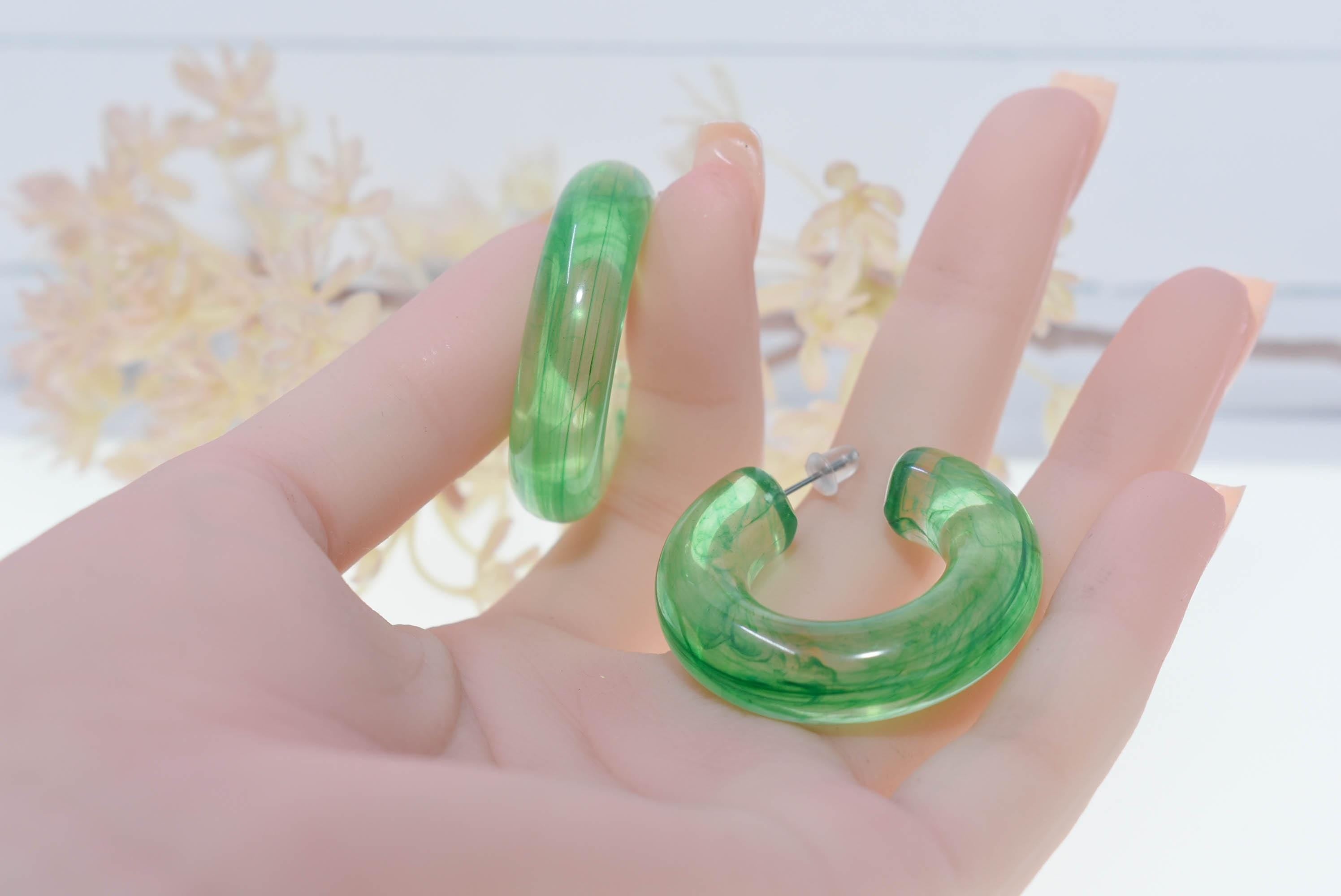 Translucent Green Marbled Color Boho Retro Lightweight Lucite 1.5" Semi Chunky Hoop Earrings