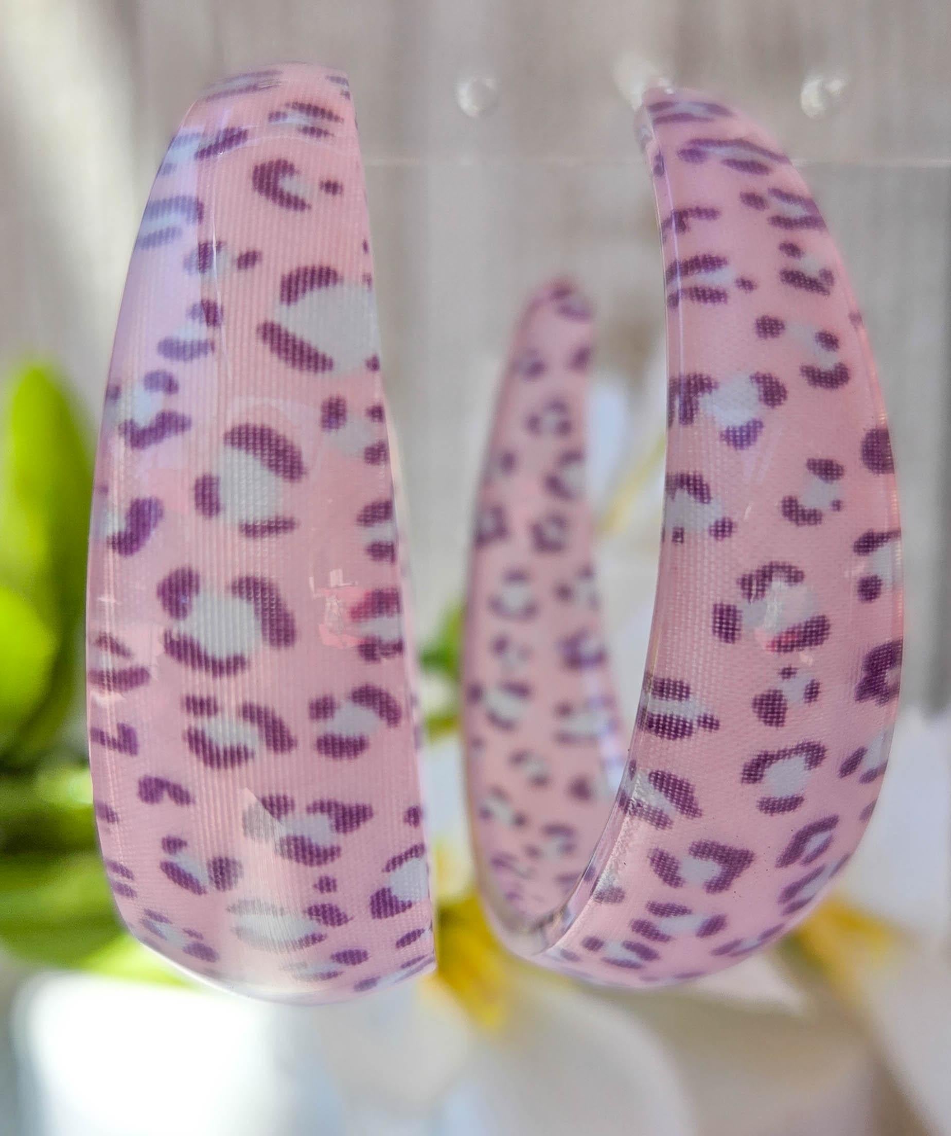 Translucent Pink Acetate Leopard Print Hoop Earrings 2" Stylish Statement Chic Hoops Animal Print Earrings