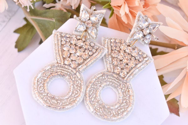 Statement Diva Bachelorette Party Diamond Ring Shape Seed Bead Engagement Wedding Bridal Shower Dangle Earrings