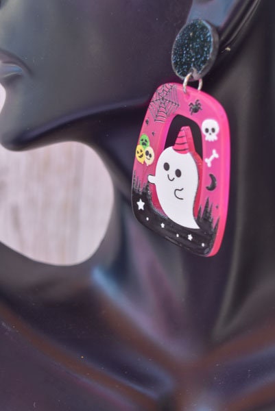 Abstract Shape Halloween Cute Ghost Glitter Acrylic Neon Pink Holiday Women Girls Dangle Earrings Emo Goth Steampunk