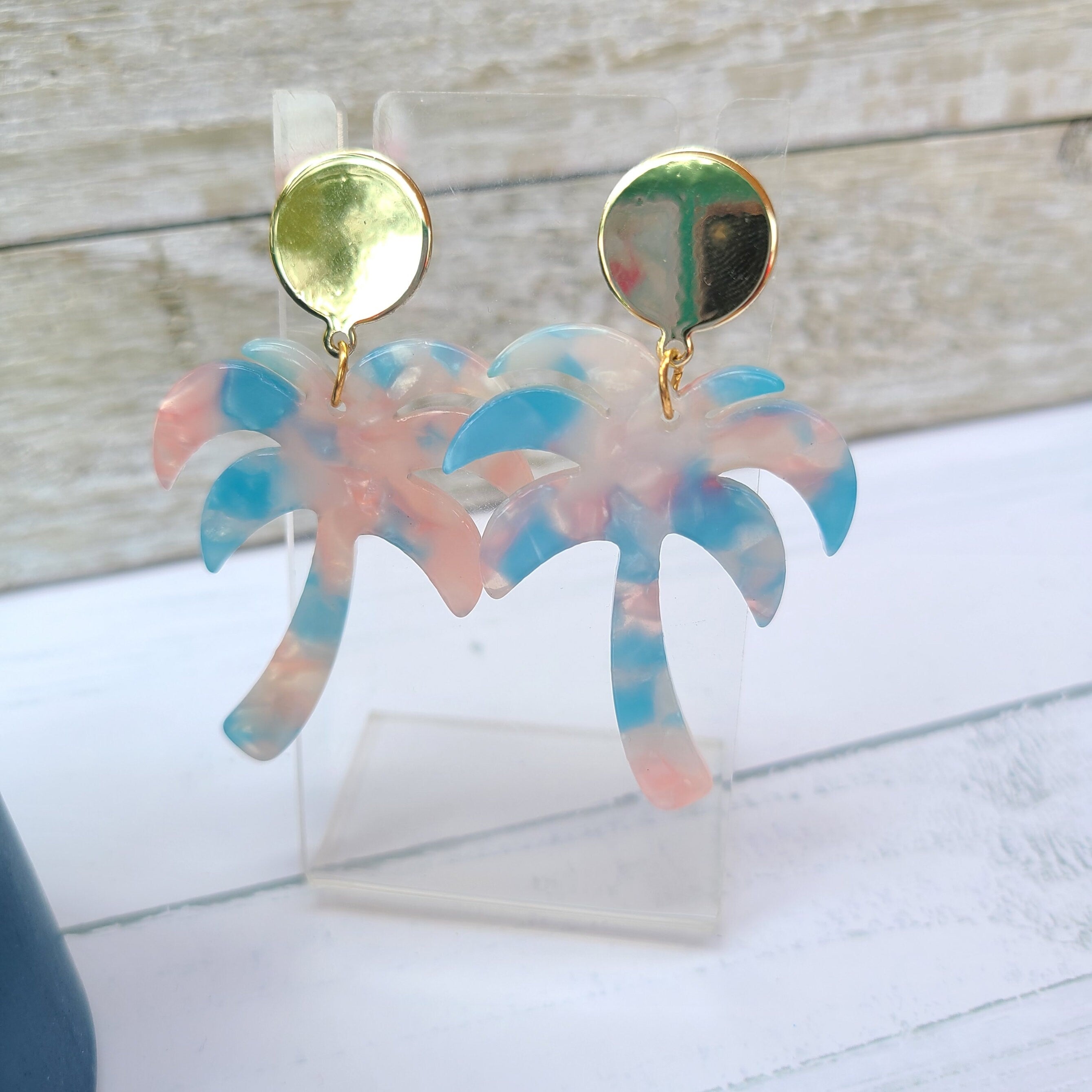 Blue/Pink Marbled Acetate Lucite Dangle Tropical Palm Tree Earrings