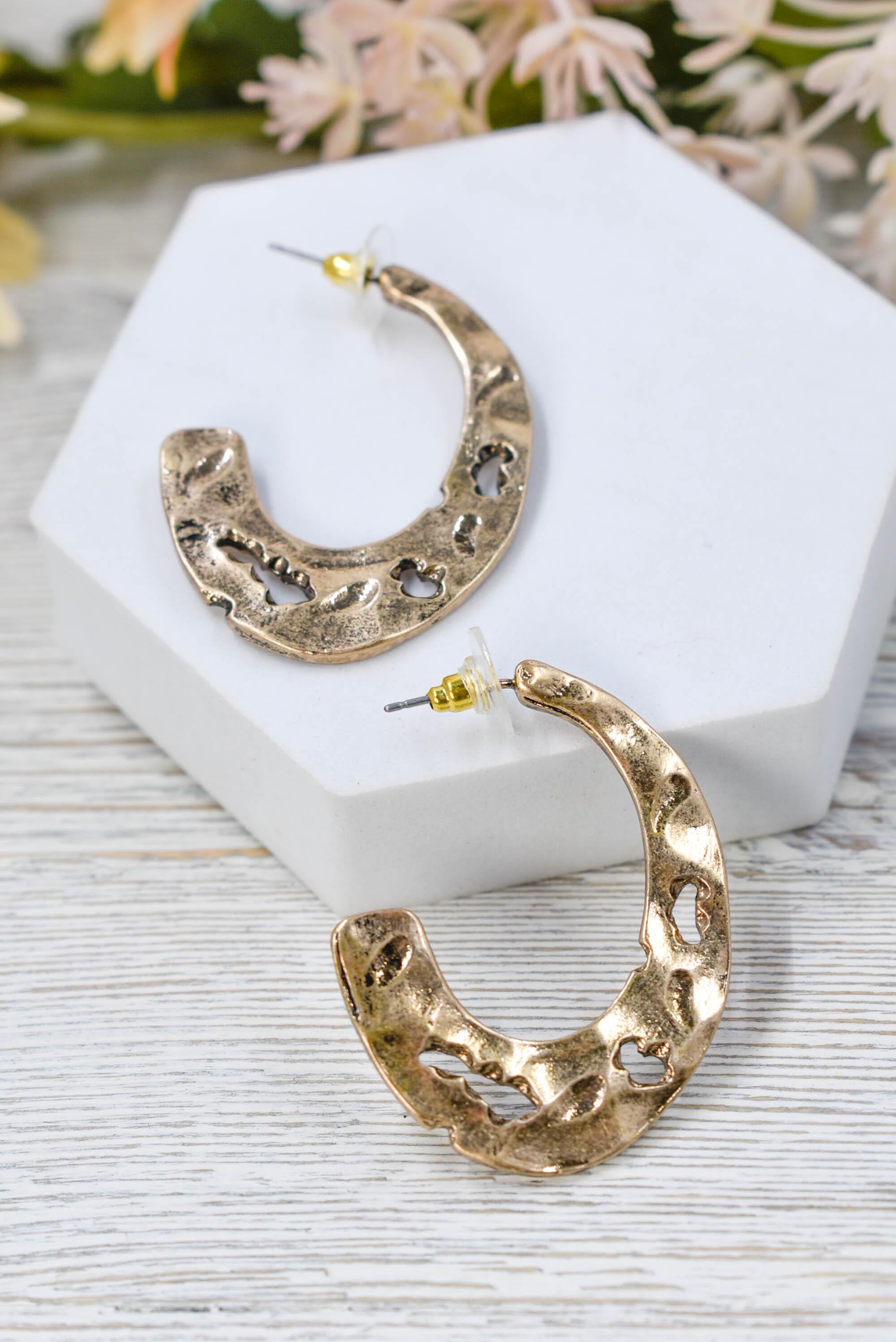 Boho Aged Look Hammered Oblong Gold Tone Hoop Earrings
