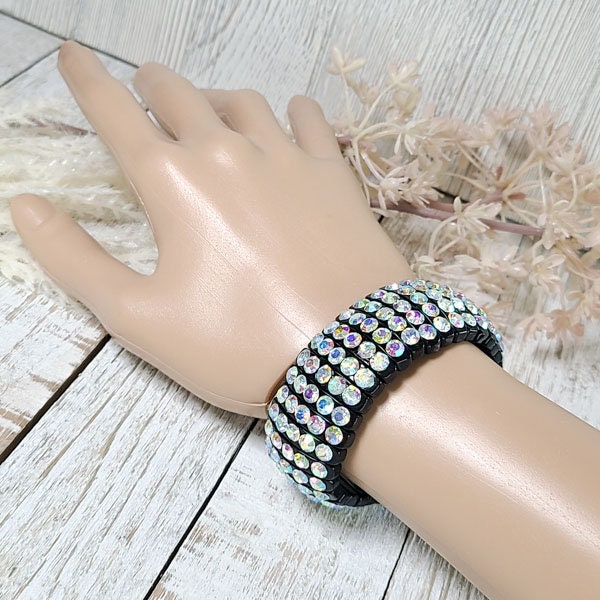 Black Stretch Segmented Bracelet with Iridescent (AB) Rhinestones Women's Fashion Statement Jewelry Pageant Night Out