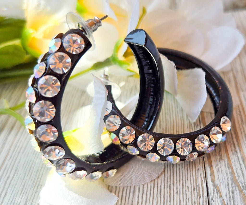 AB & Clear Large Rhinestones Bling Statement 1.75" Black Metal Hoop Earrings Night Out Boujee Evening Special Occasion Women's Jewelry