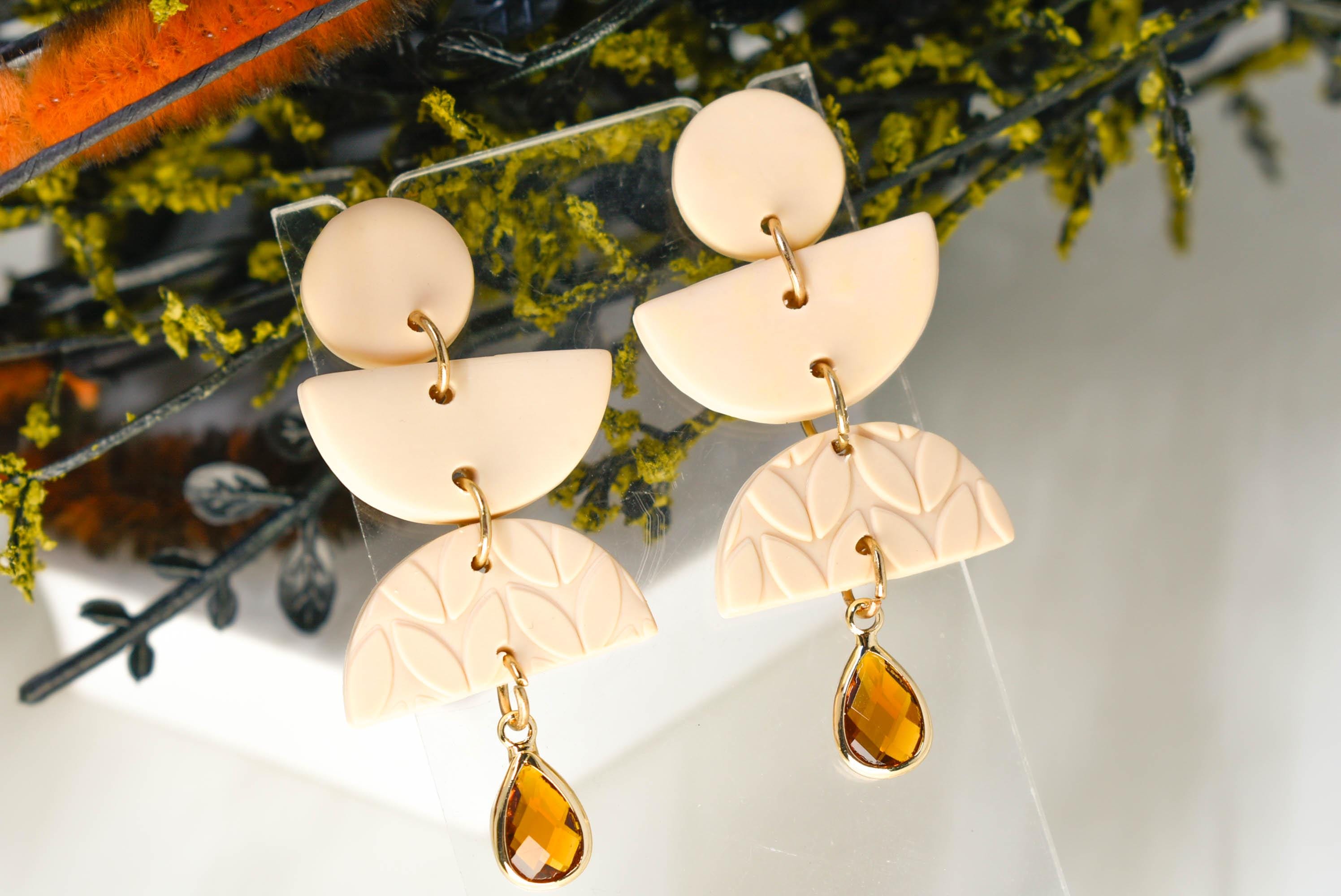 Boho Fashion Statement Handmade Nude Color Polymer Clay "Aura" Dangle Drop Earrings Gifts Women