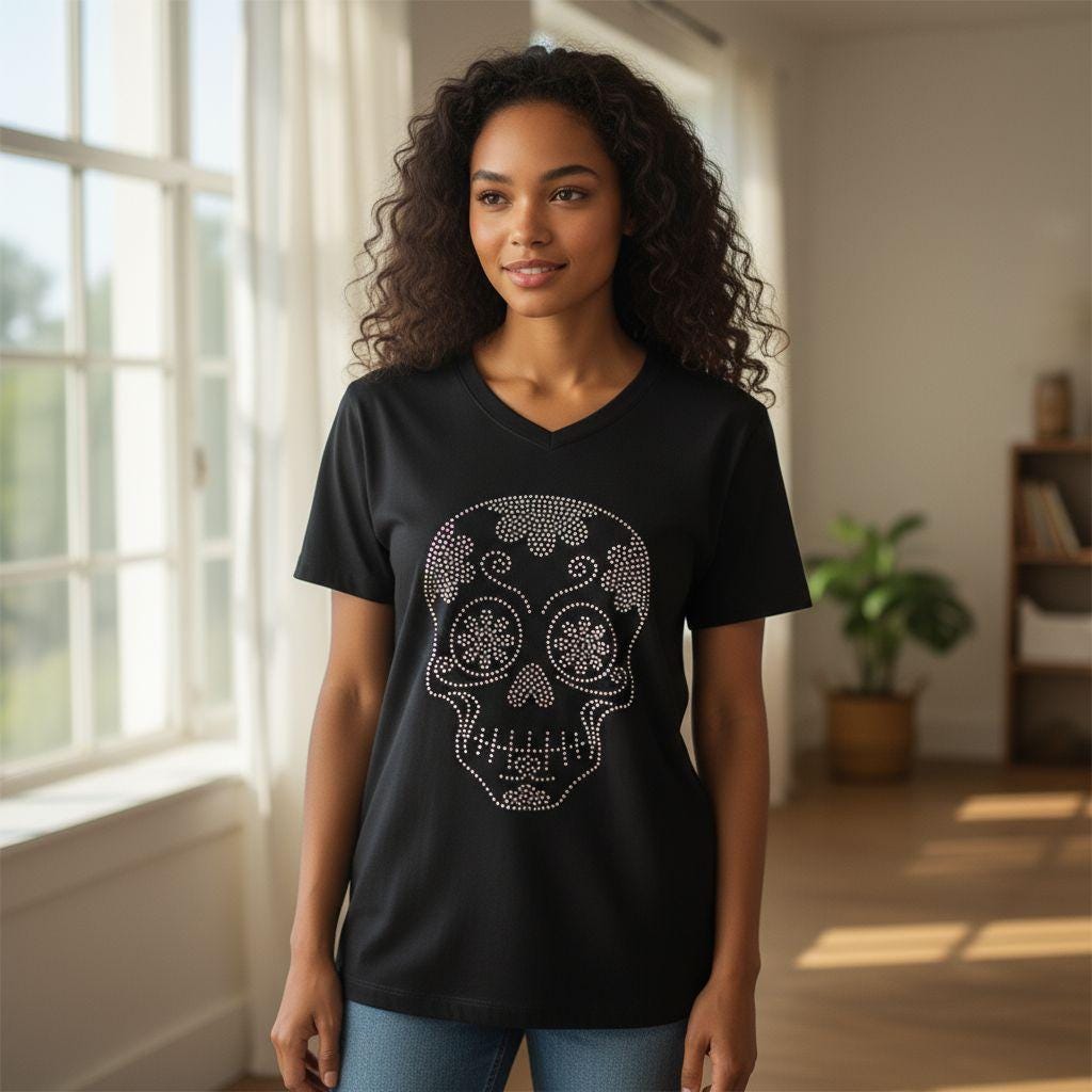 Iridescent Bling Sugar Skull Rhinestone Embellished V Neck T Shirt Dia De Los Muertos