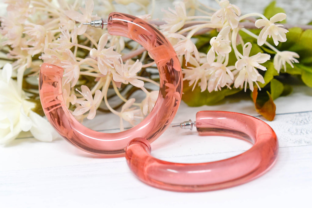Translucent Clear Pink Peach Retro Chunky Lucite Hoop Earrings