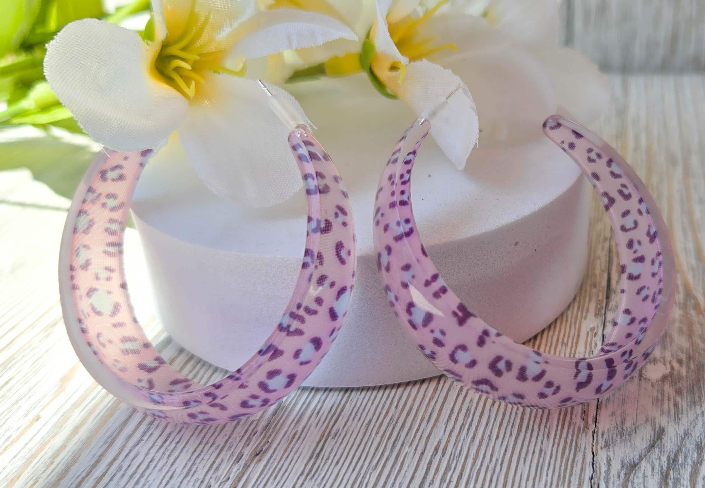 Translucent Pink Acetate Leopard Print Hoop Earrings 2" Stylish Statement Chic Hoops Animal Print Earrings