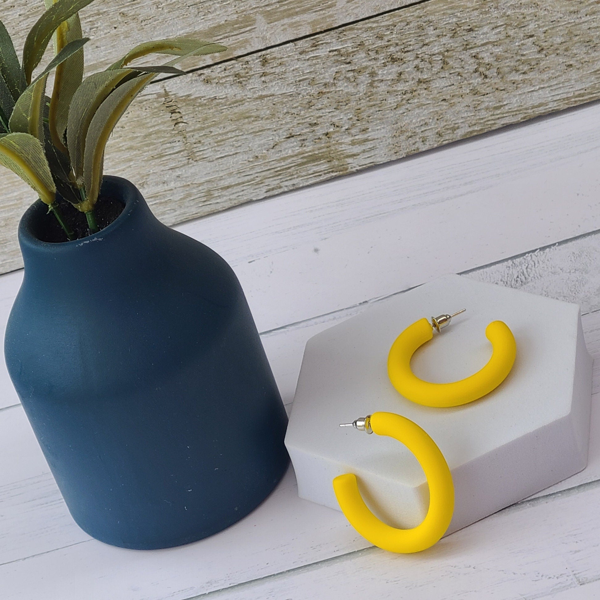 Summer Fun Oblong Matte Yellow 1.5" Half Hoop Earrings