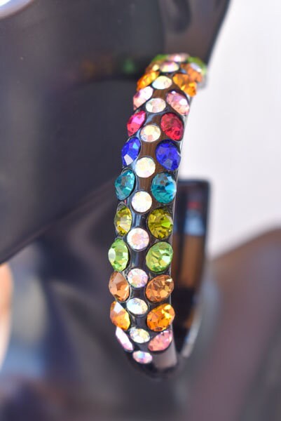 Black 3 Row Bling Statement Acrylic Lucite Multicolor Rhinestones 2.5" Women's Hoop Earrings Pageant Weddings Night Out