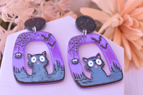 Abstract Shape Halloween Cute Cat Glitter Acrylic Purple Holiday Women Girls Dangle Earrings Emo Goth Steampunk