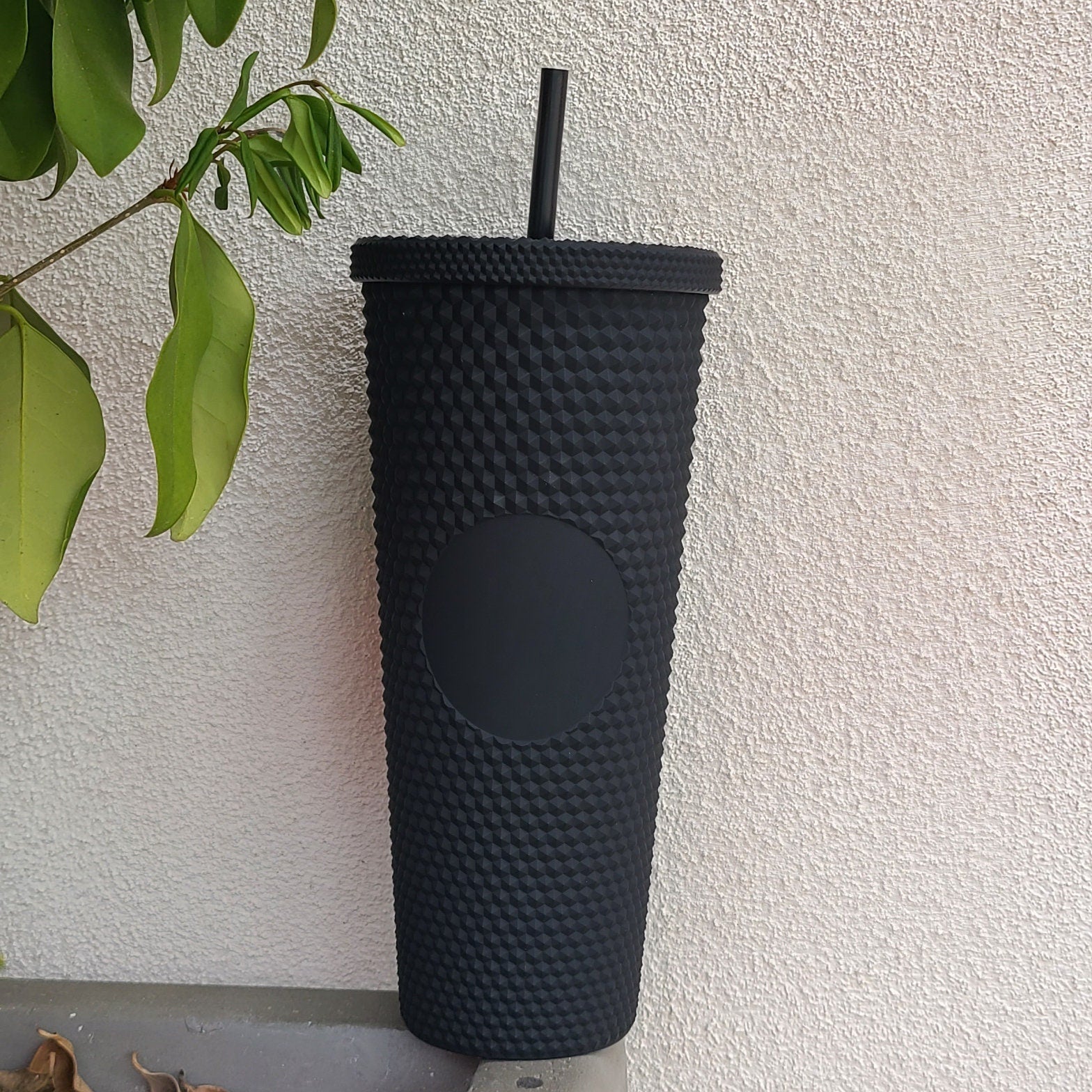 24oz Black Matte Studded Soft Texture To Go Travel Tumbler Cup Blank Center Circle with Lid and Matching Straw