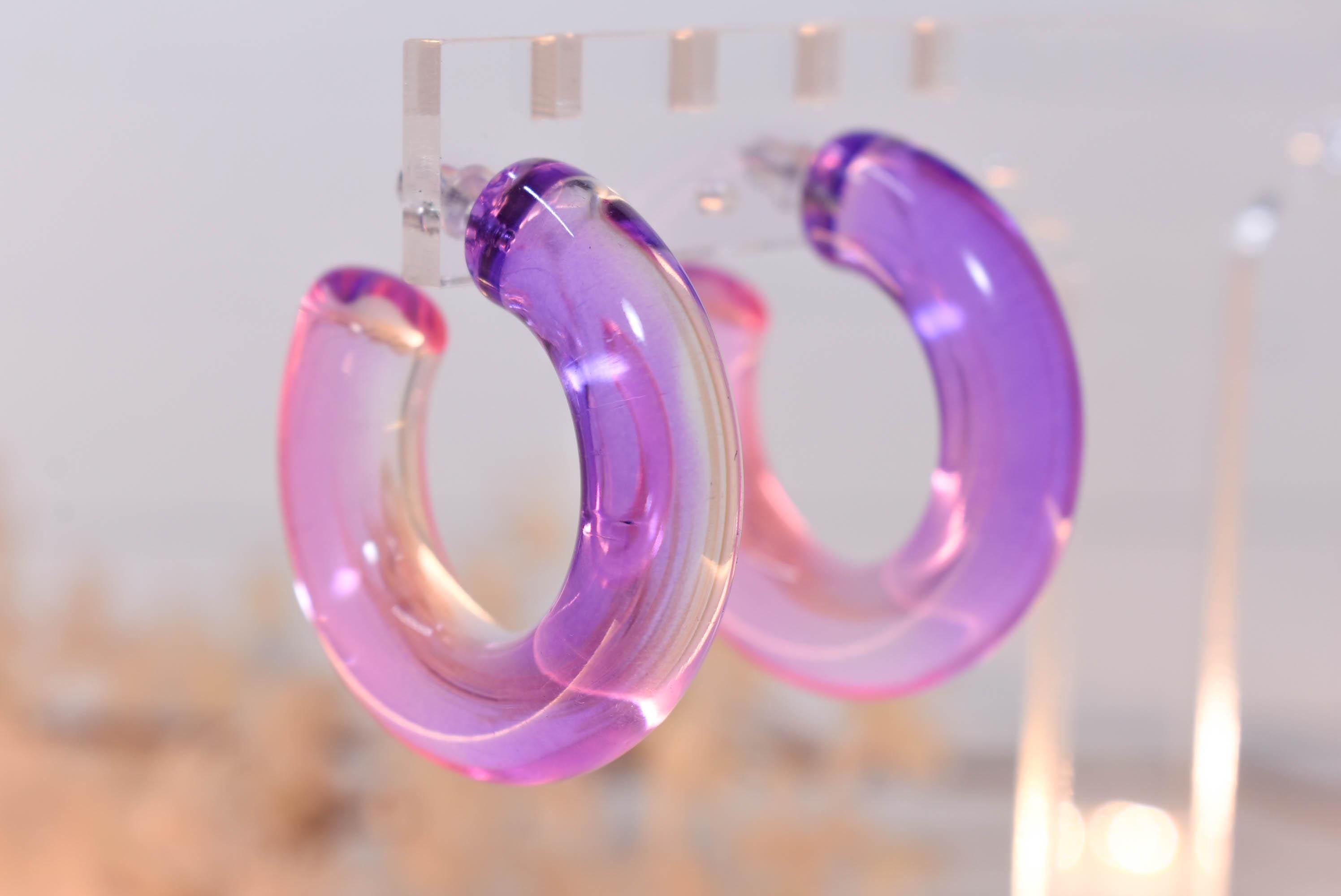 Translucent Gradient Purple Pink Retro Boho Semi Chunky Lucite Ombre Jelly 1.5" Hoop Earrings